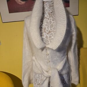 Cozy White Fuzzy Cardigan with Tie Waist